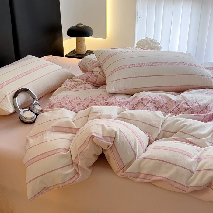 轻奢风全棉线条床上四件套春夏纯棉提花高级感床单被套床品三件套