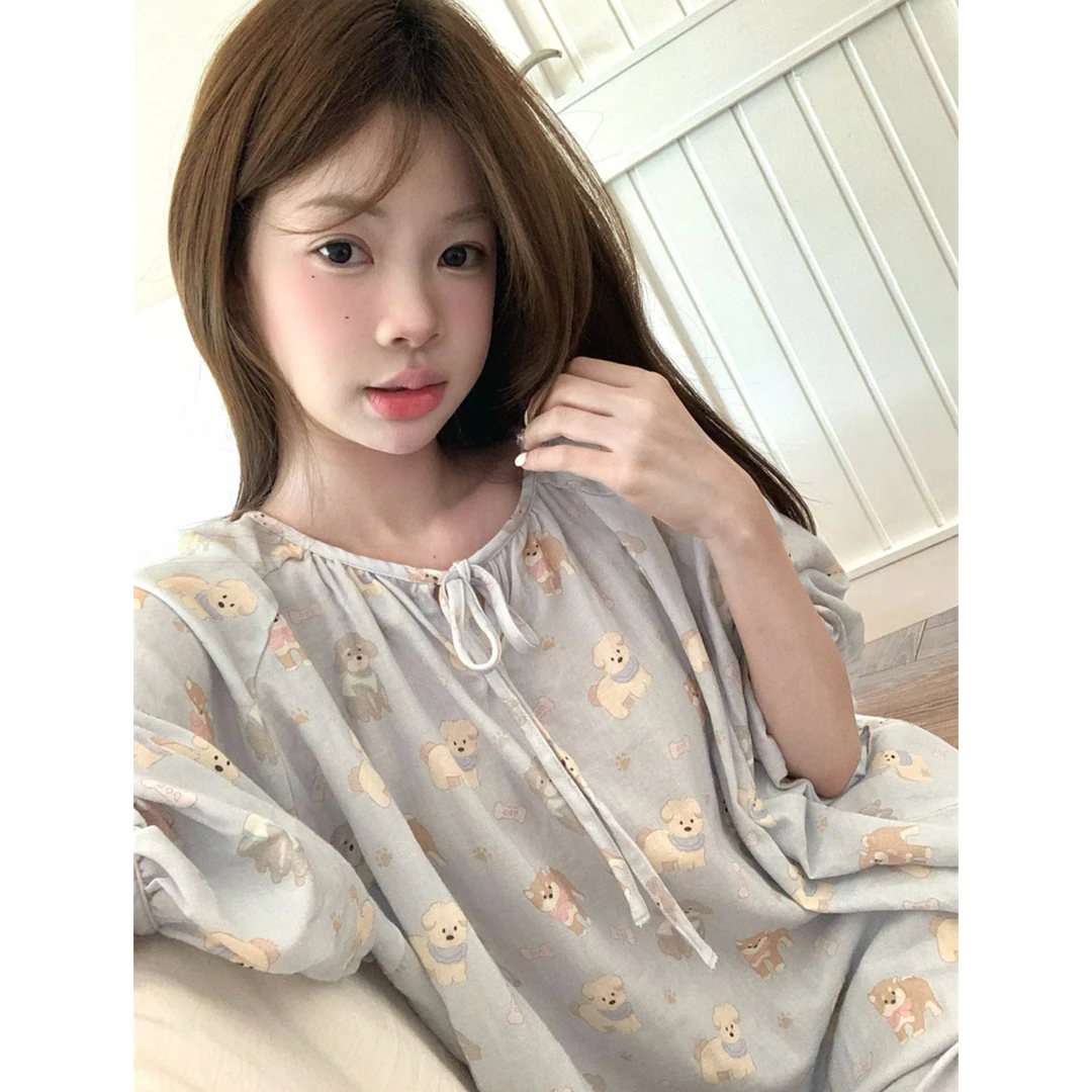 纯棉双层纱布睡衣女夏季短袖长裤可爱卡通狗狗宽松舒适家居服套装