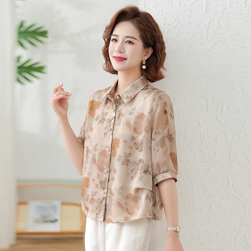 妈妈短款夏季中袖衬衣百搭减龄翻领衬衫中年女气质小衫薄款上衣