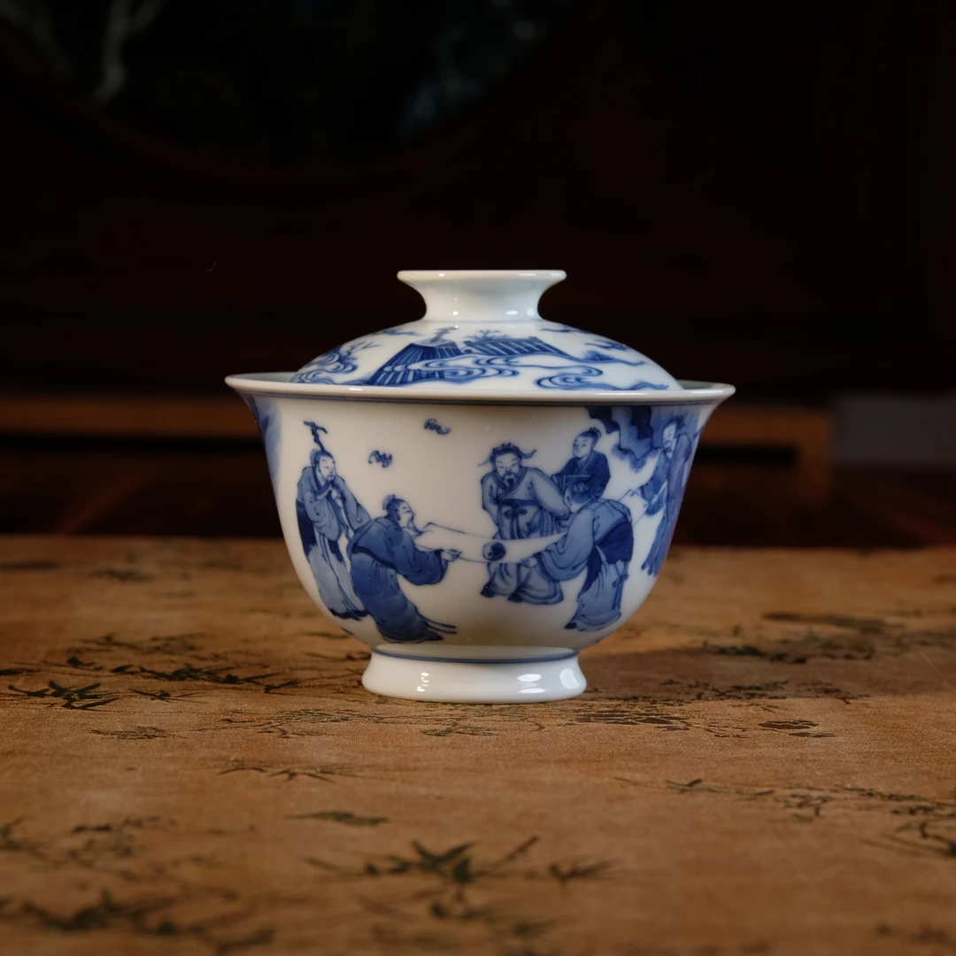 景德镇青花精工纯手工仿古五老图盖碗茶道配件精美瓷器茶具