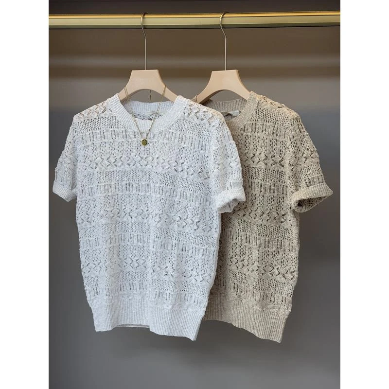 棉麻混纺立体镂空肌理感圆领短袖通勤气质针织衫套衫24207