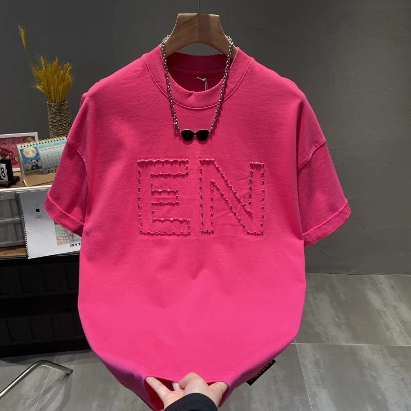 夏季新款男士重工钉珠时尚圆领短袖潮牌休闲百搭宽松休闲上衣T恤