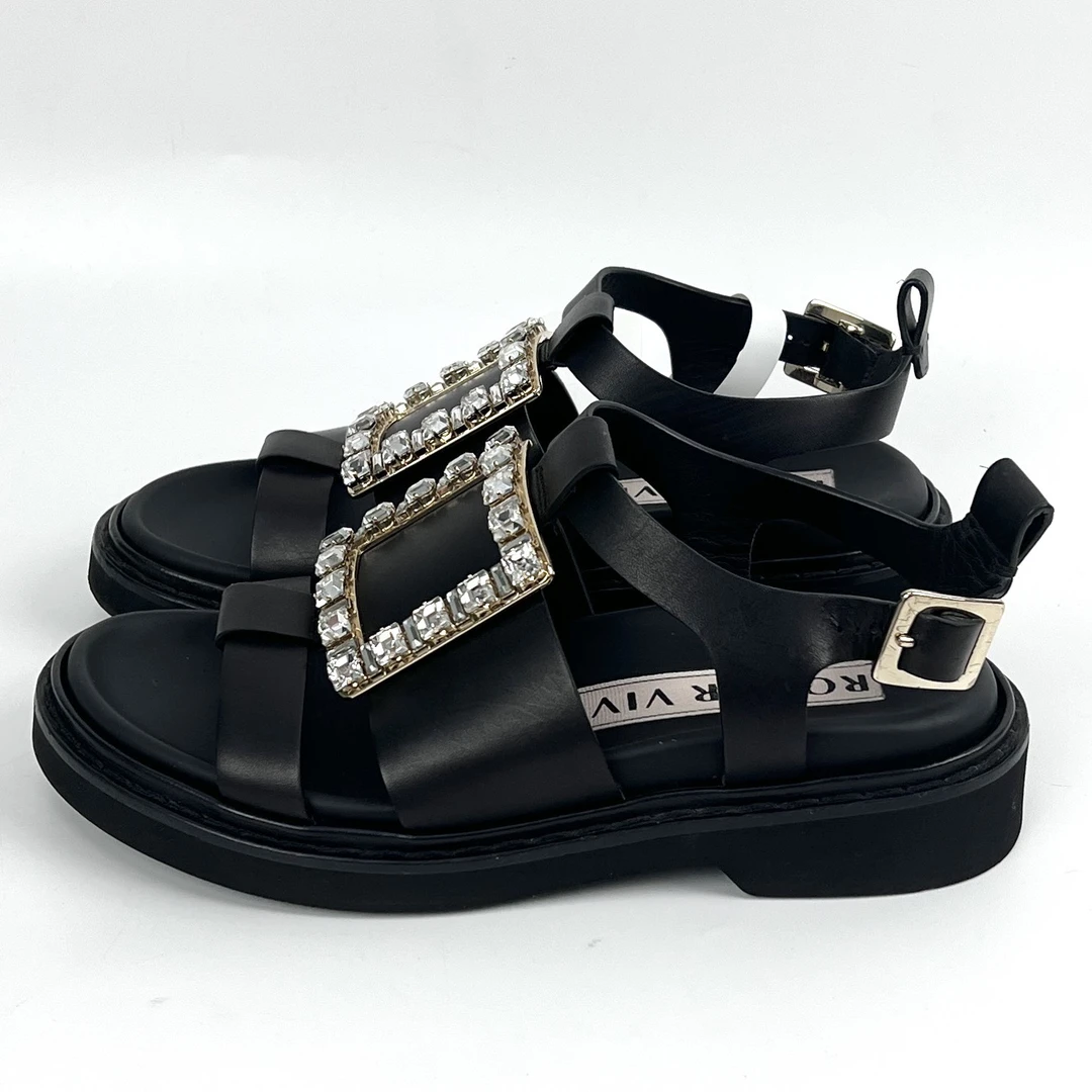 95新 Roger Vivier/罗杰·维威耶 35码 黑色钻扣凉鞋 xz0459