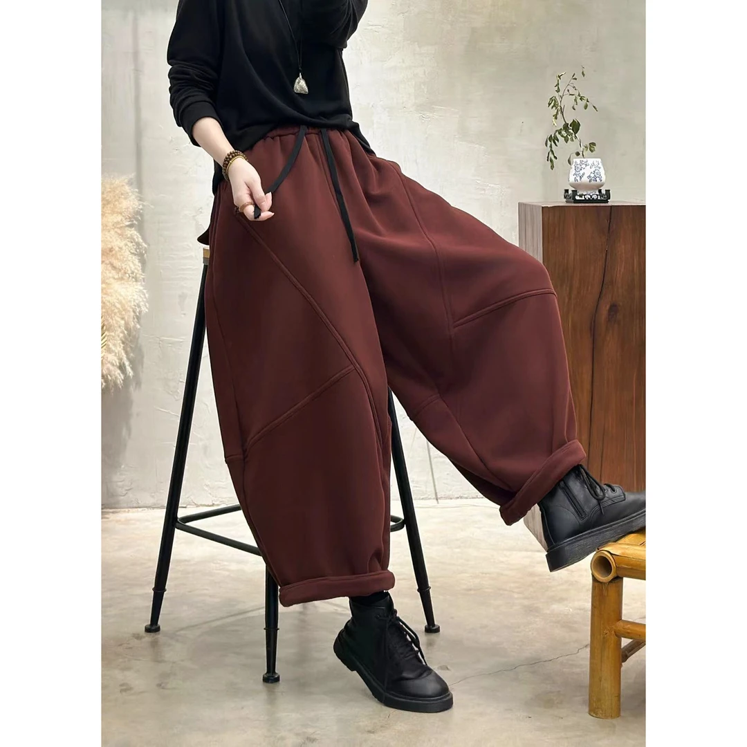 加绒休闲裤复古港风潮流休闲长裤阔腿裤哈伦裤大码拼接卫裤K723