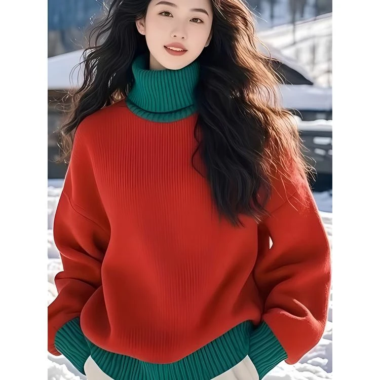 拉夏贝尔红绿拼色圣诞高领毛衣女秋冬慵懒风超好看独特针织衫上衣