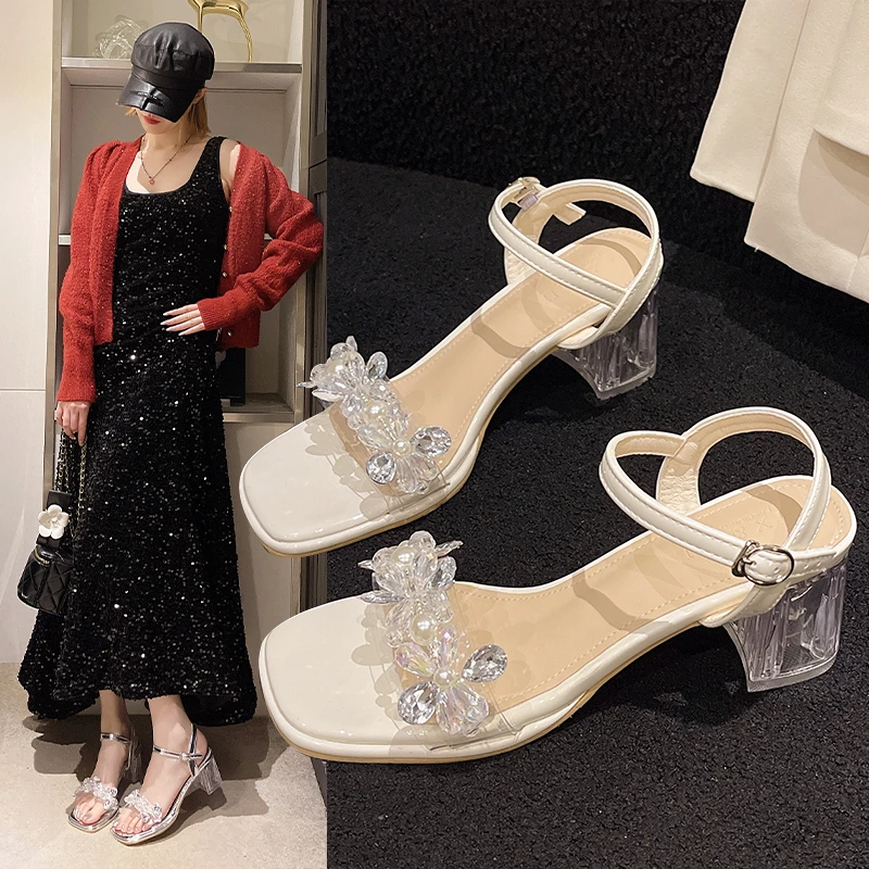 2025夏季新款仙女小香风水钻凉鞋女气质水晶高跟鞋粗跟时尚配裙子