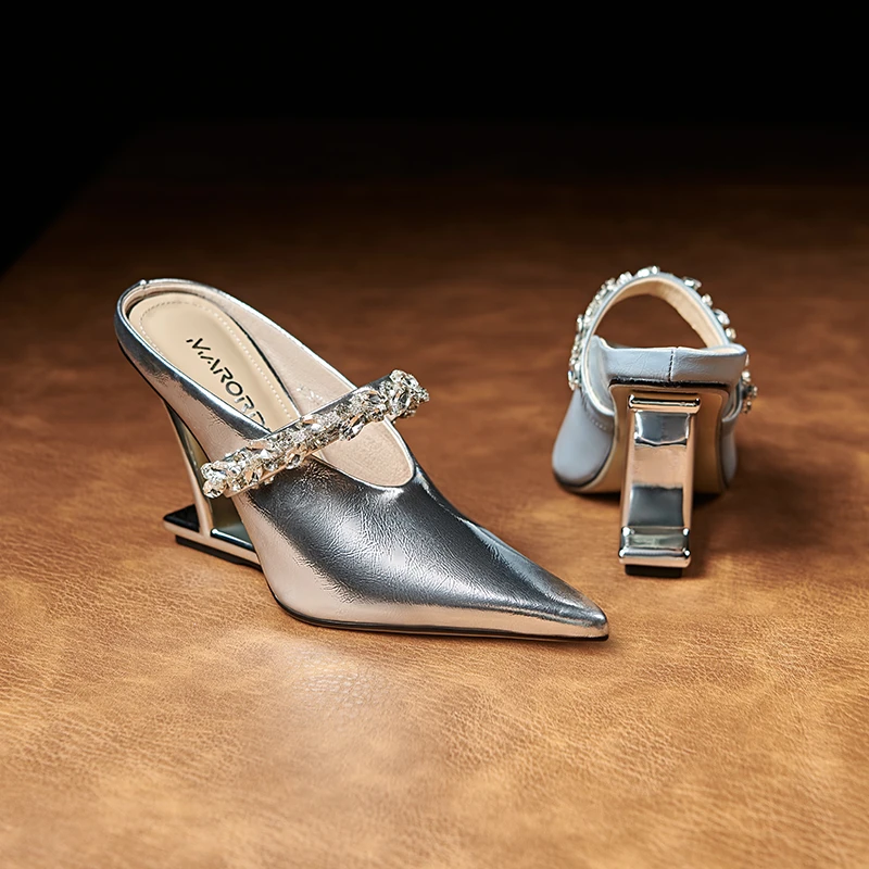 尖头高跟胶粘纯色坡跟裂纹皮单鞋女士夏季细跟百搭凉鞋气质 51008