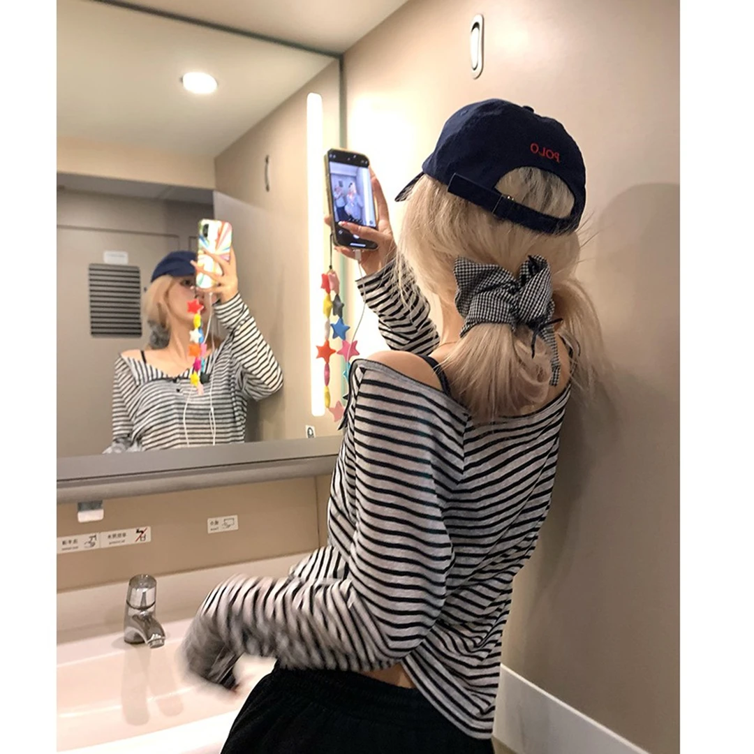 高级感撞色条纹半开领长袖防晒打底衫上衣女夏季2025新款宽松T恤