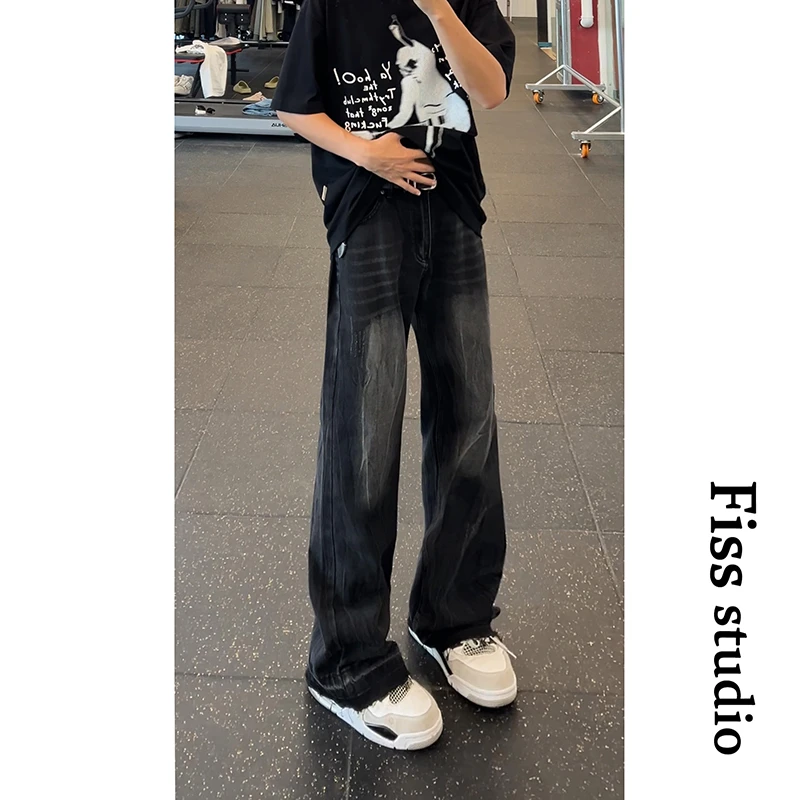闪电纹水洗复古秋季猫须设计感牛仔裤宽松直筒男高腰