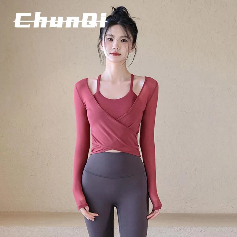 维多利亚夏季款网纱带胸垫运动上衣瑜伽长袖普拉提训练健身套装