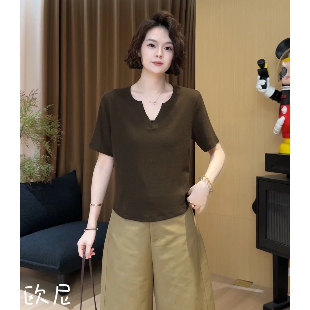 欧尼私服 2025夏新款简约V领薄款短袖针织上衣T恤2506C3670
