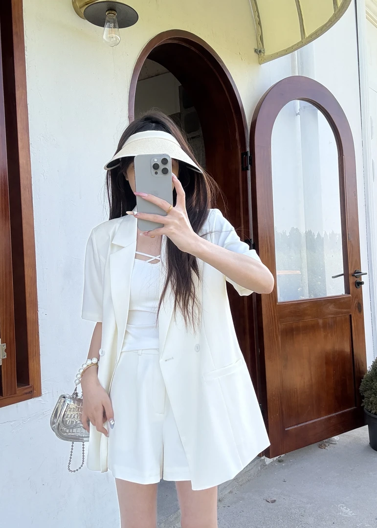 【尤希】2025夏季薄款麻感宽松显瘦百搭休闲西服短袖套装