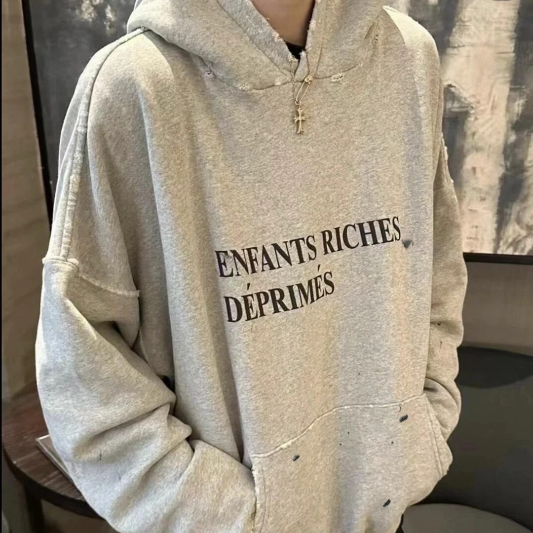 男装忧郁的富二代做旧破坏水洗虫洞连帽衫短款卫衣情侣秋季外套