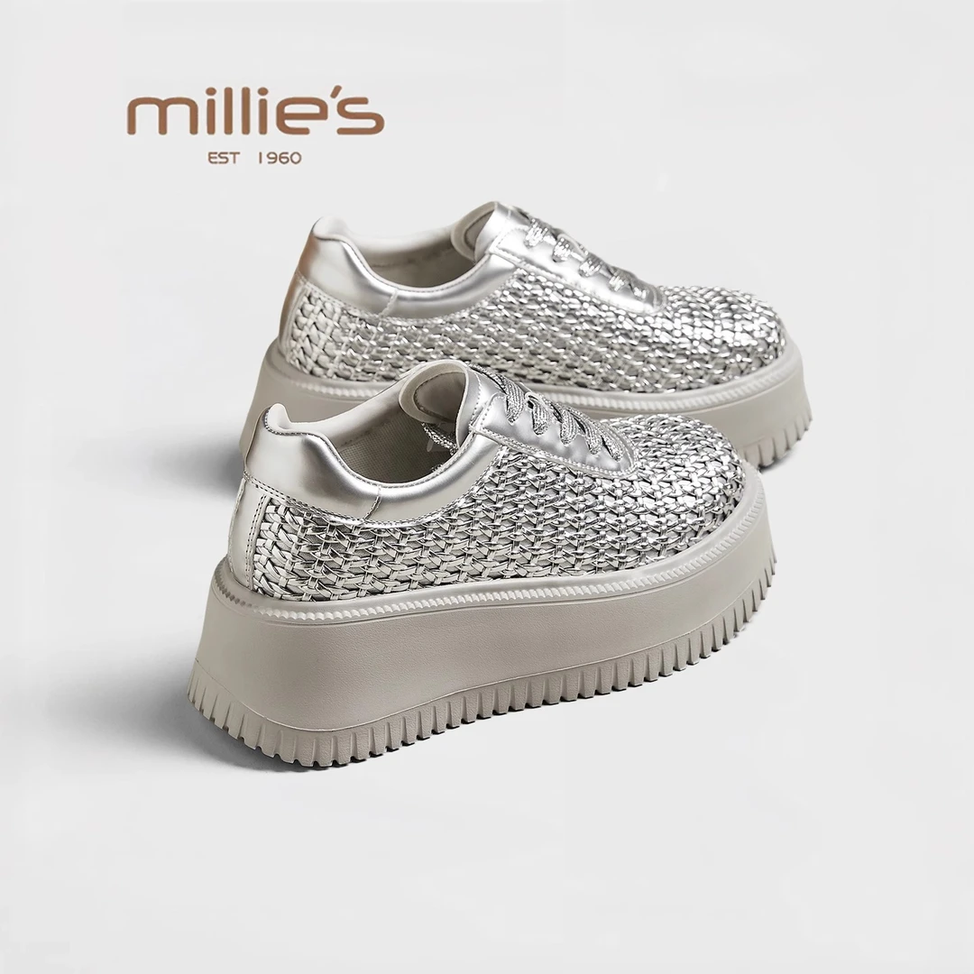 MILLIE'S/妙丽真皮手工编织休闲鞋女松糕网面鞋2025新款厚底镂空