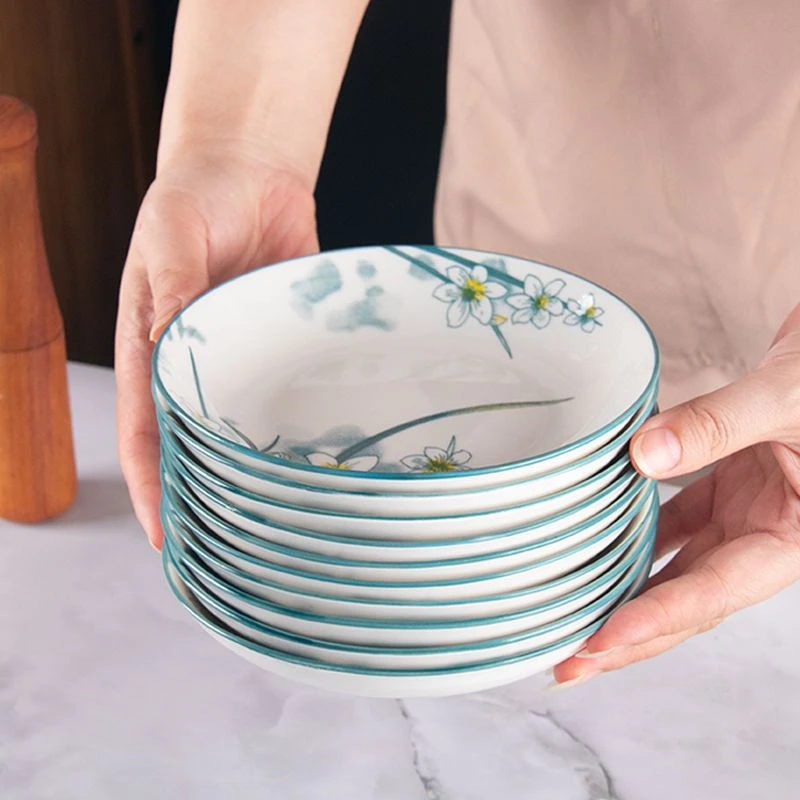 【水仙7英寸圆盘10个装】釉下彩家用陶瓷炒菜小碟子炒菜圆盘陶瓷盘