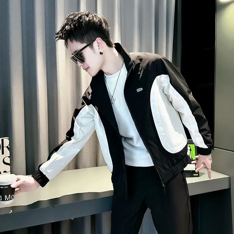 春秋新款男装上衣潮流痞帅高级感男士外套拼接衣服立领时尚夹克衫