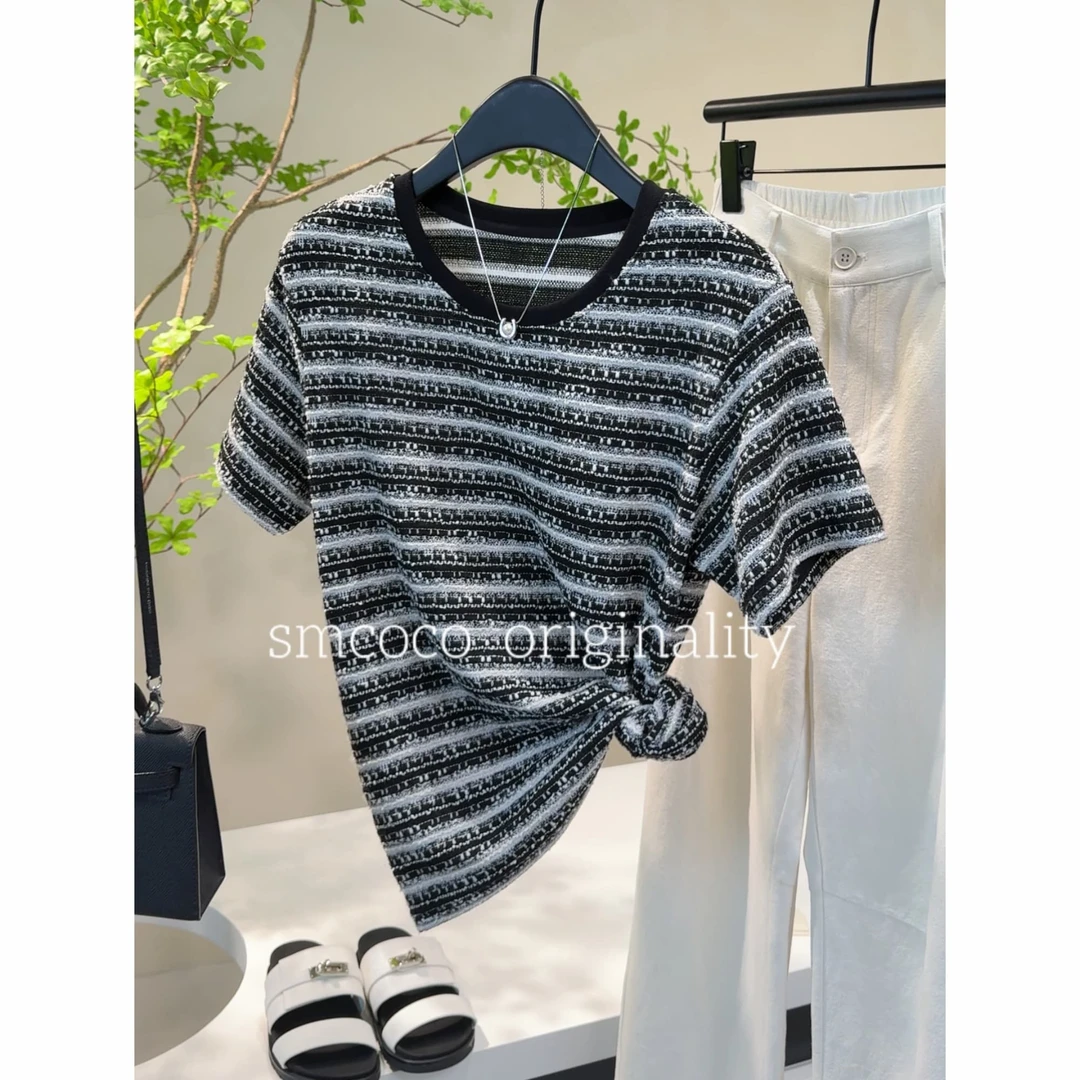 【2025夏季新款】肌理感小香风条纹时尚气质温柔休闲高定T恤ZG611