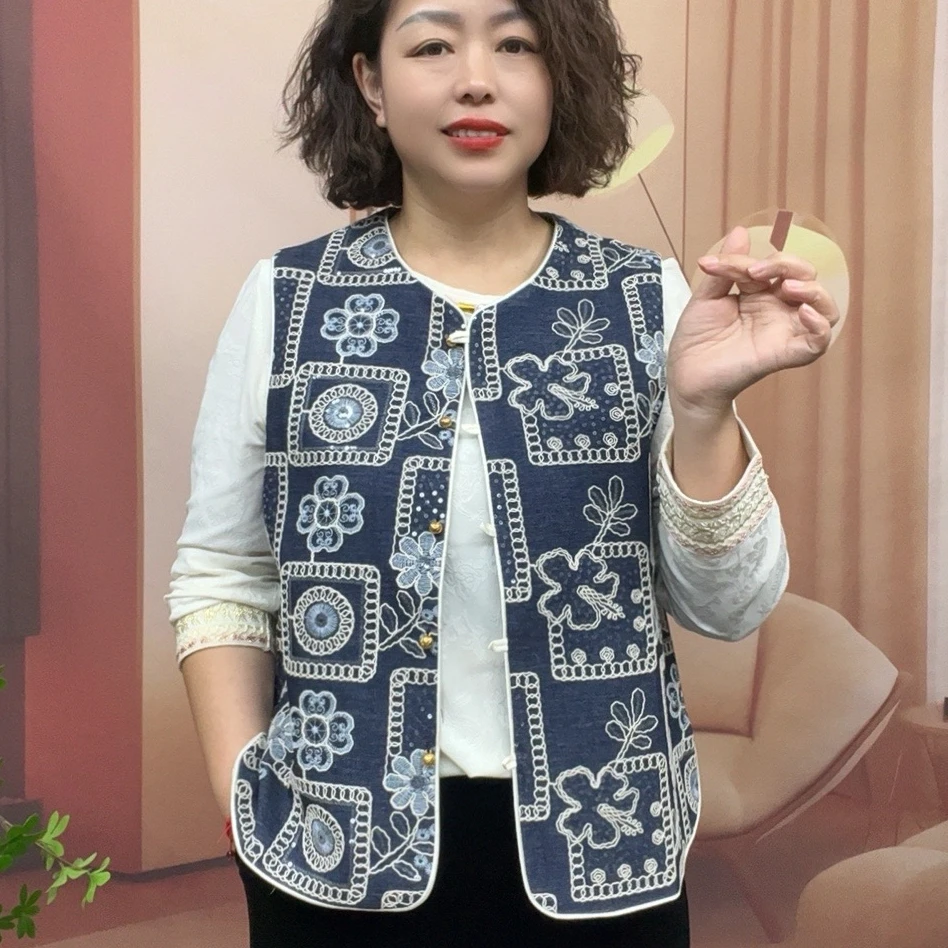 新中式民族风刺绣亮片马甲外套女春季2025新款高级坎肩牛仔上衣潮