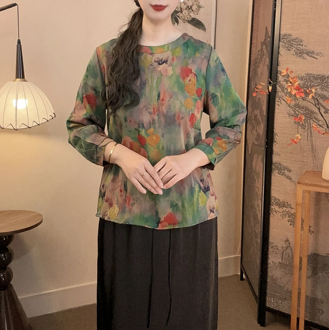 01【梵花】圆领洋气常规复古极简风时尚T恤长袖速干早秋小衫1780