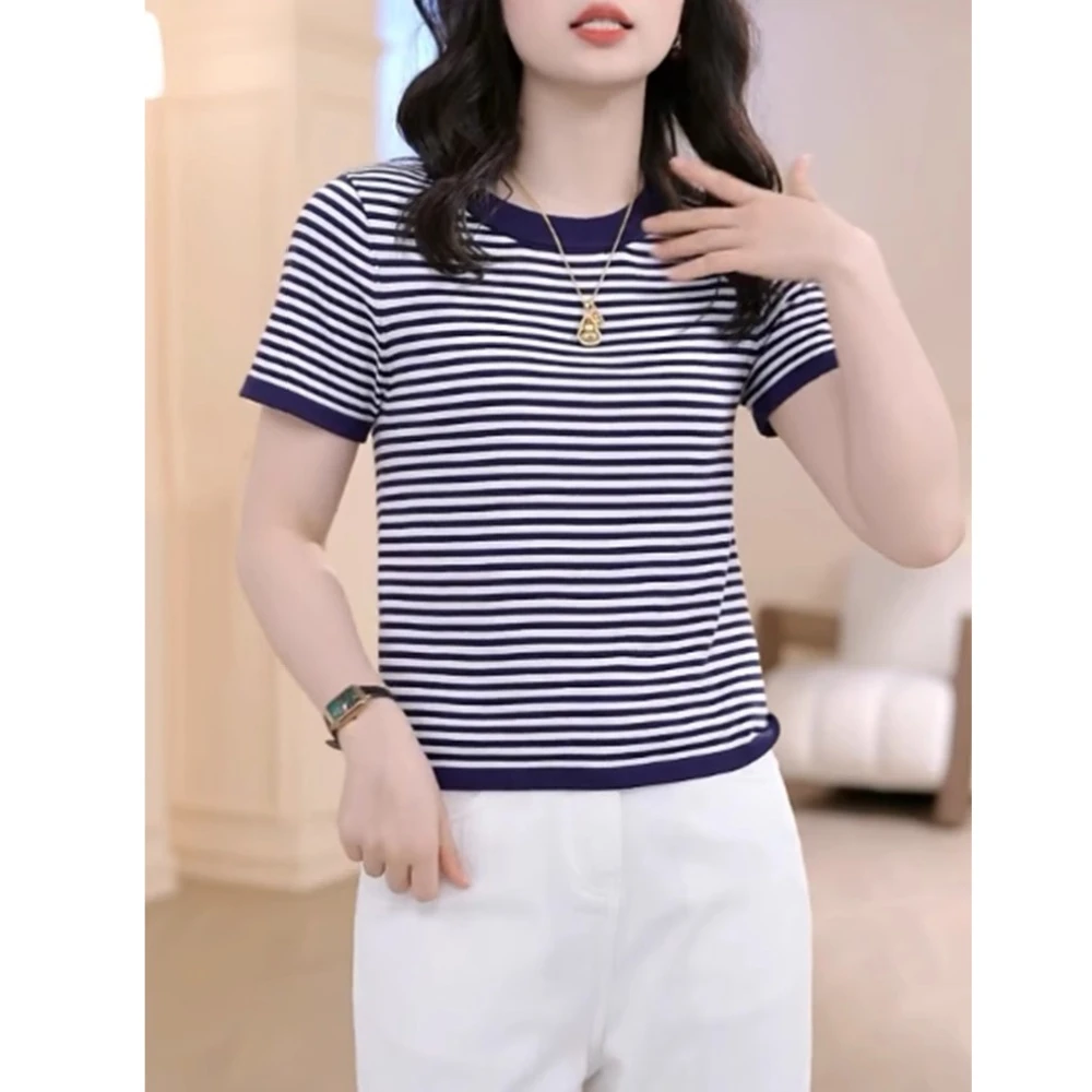 高级感撞色条纹针织衫短袖t恤女夏季2025新款正肩上衣修身小香风