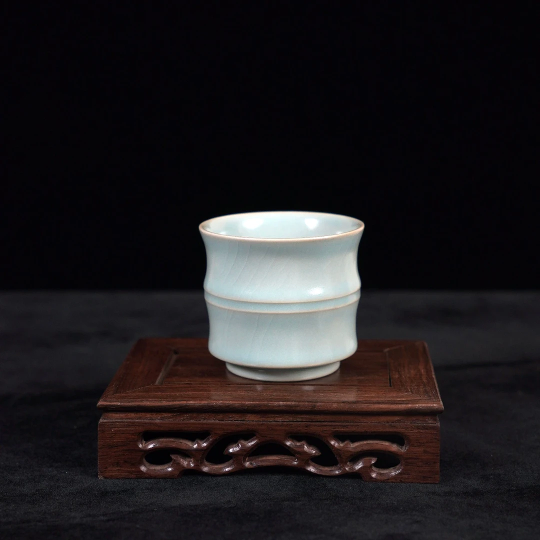 原矿汝瓷天青釉竹节杯蝉翼纹开片手工茶杯茶具品茗杯陶瓷