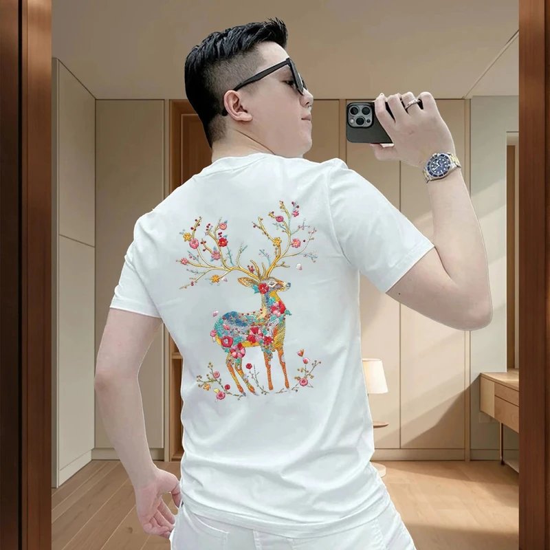 国潮重磅纯棉短袖T恤-梅花鹿夏季男士宽松百搭圆领轻奢上衣半袖潮