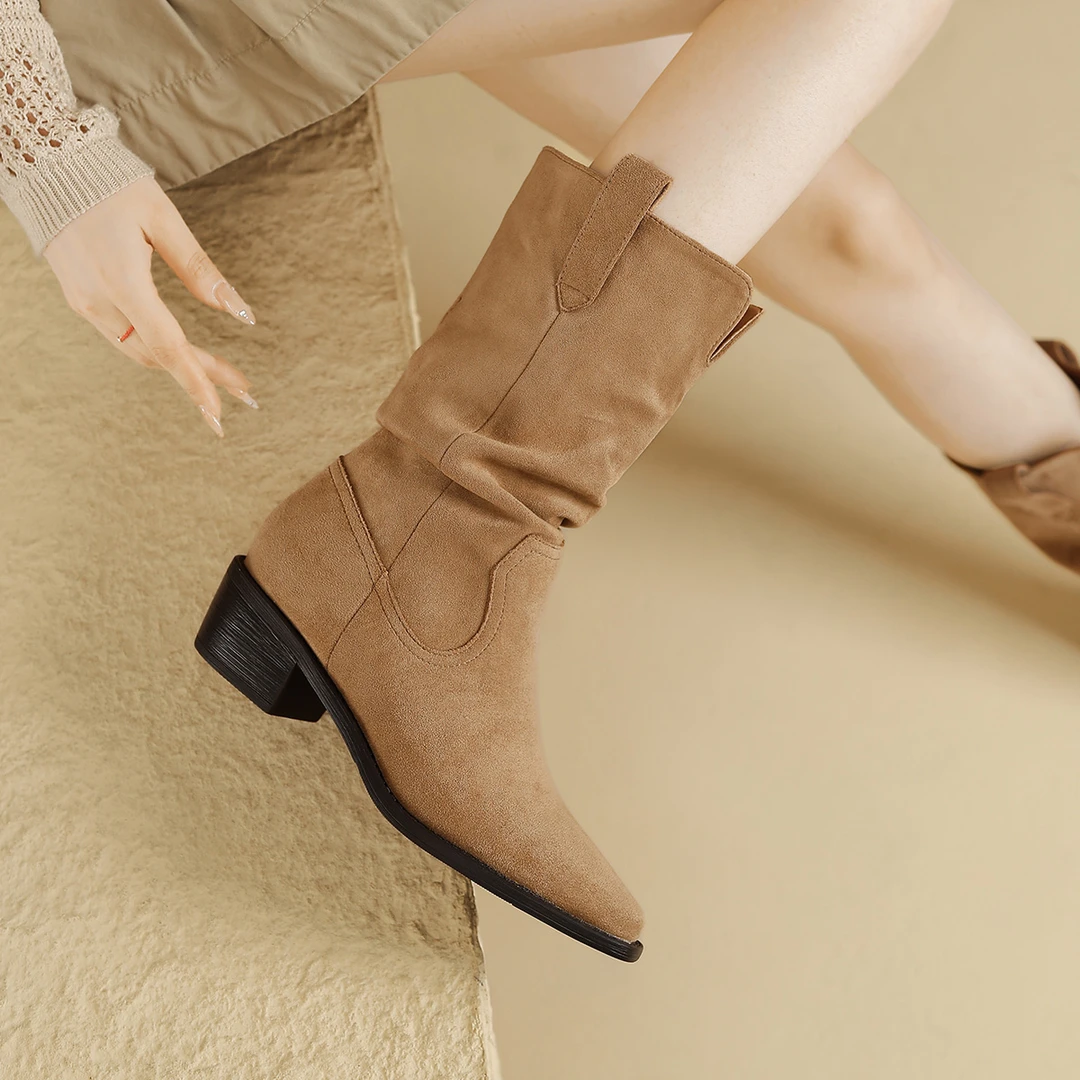 FOXER秋季粗跟短靴女春秋款中筒靴女靴瘦瘦靴秋冬骑士复古