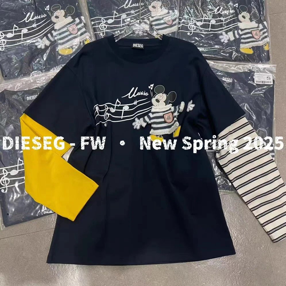 欧洲站新大G家2025秋季新品米奇音符假两件拼色袖T恤潮牌上衣女