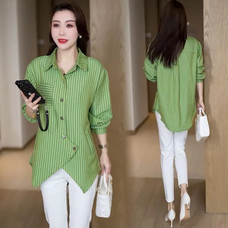 2025春秋新款宽松上衣春季遮肉显瘦大码衬衣中长款长袖衬衫外套女
