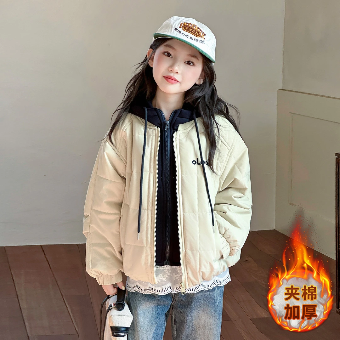 女童夹棉加厚外套2025新款冬季女孩假两件韩系棉服儿童超好看冬装