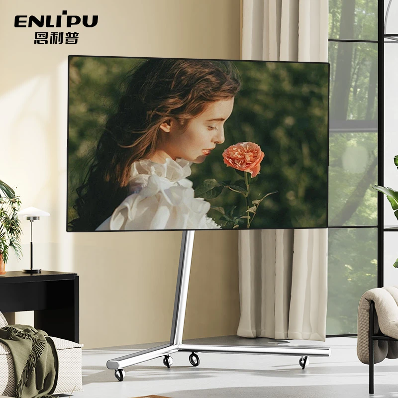 恩利普极光银电视机可移动支架不锈钢落地式带滑轮立式艺术推车