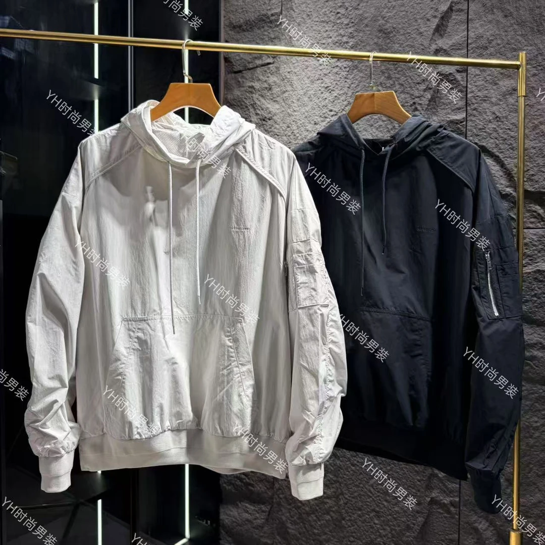 2025早秋新款时尚潮流美式捏褶设计连帽卫衣宽松休闲百搭男士外套