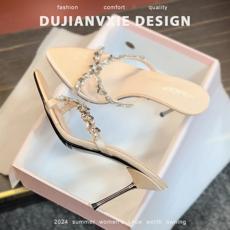 2025年夏季新款裸色交叉带细跟水钻高跟鞋女凉鞋气质性感百搭拖鞋
