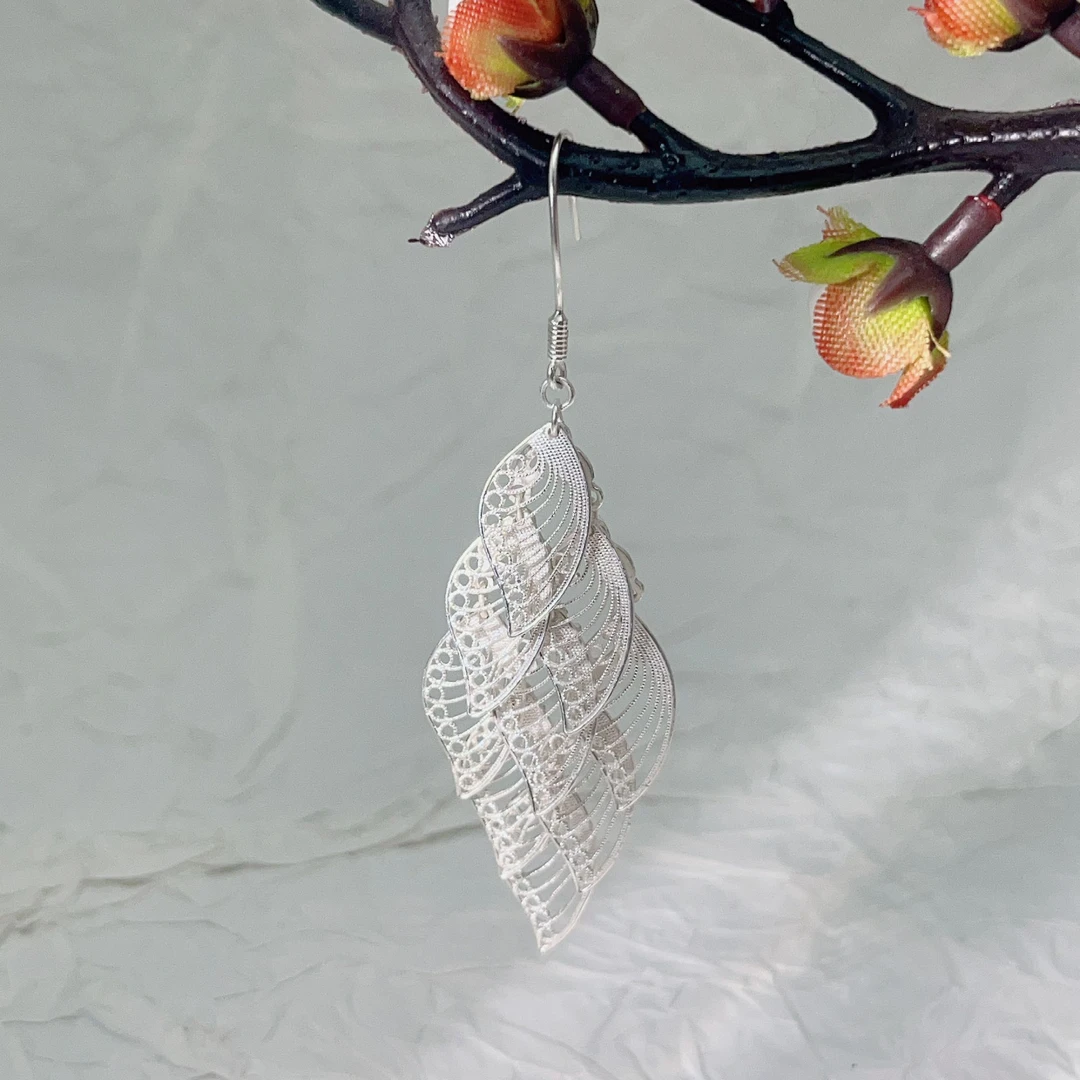 足银耳饰 足银 黔艺银阁 花丝灵动流苏叶子耳坠