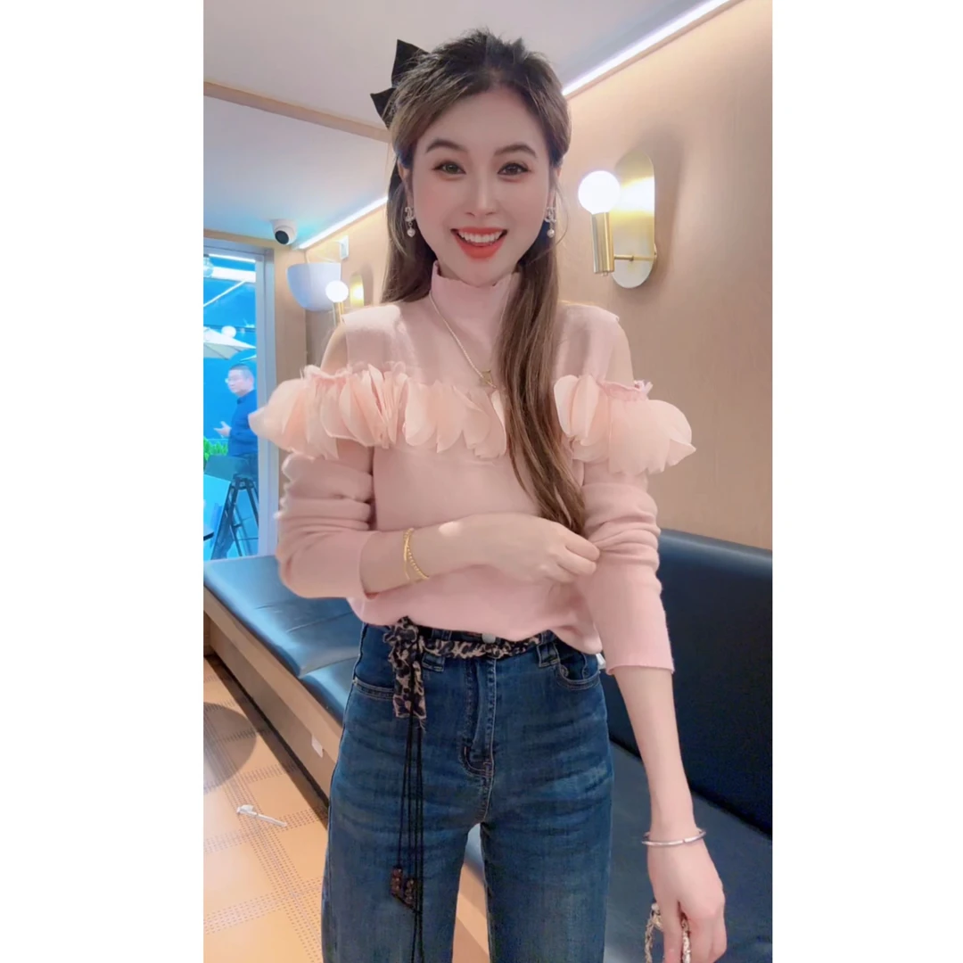 露肩毛衣半高领洋气内搭针织打底衫秋冬季新款爆款百搭高级感上衣