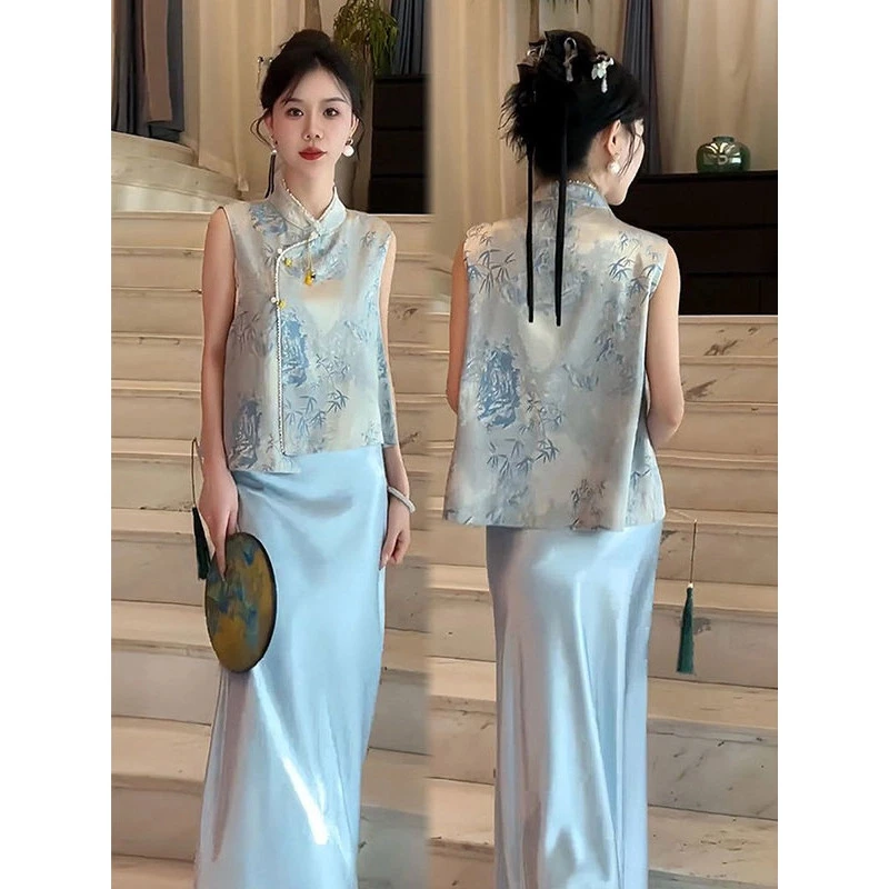 夏季新款新中式坎肩马甲女小个子设计感小众洋气背心上衣国风套装