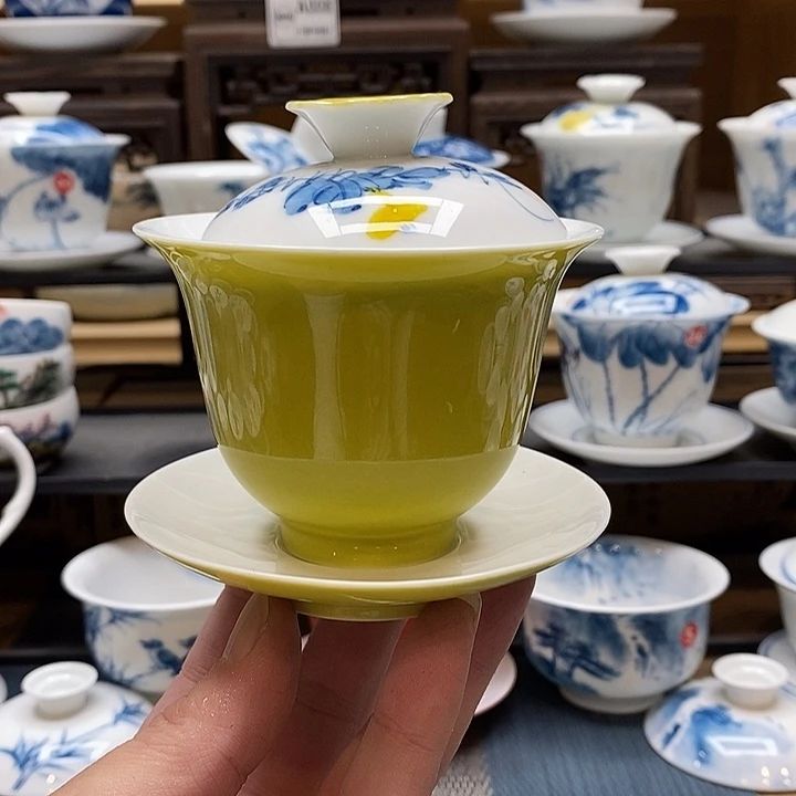 手绘微瑕葫芦盖碗