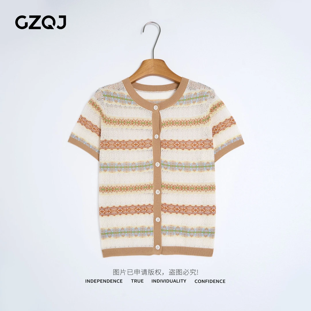 广州琴姐【蒙德里安日记】费尔岛撞色条纹圆领短袖针织开衫女夏3221