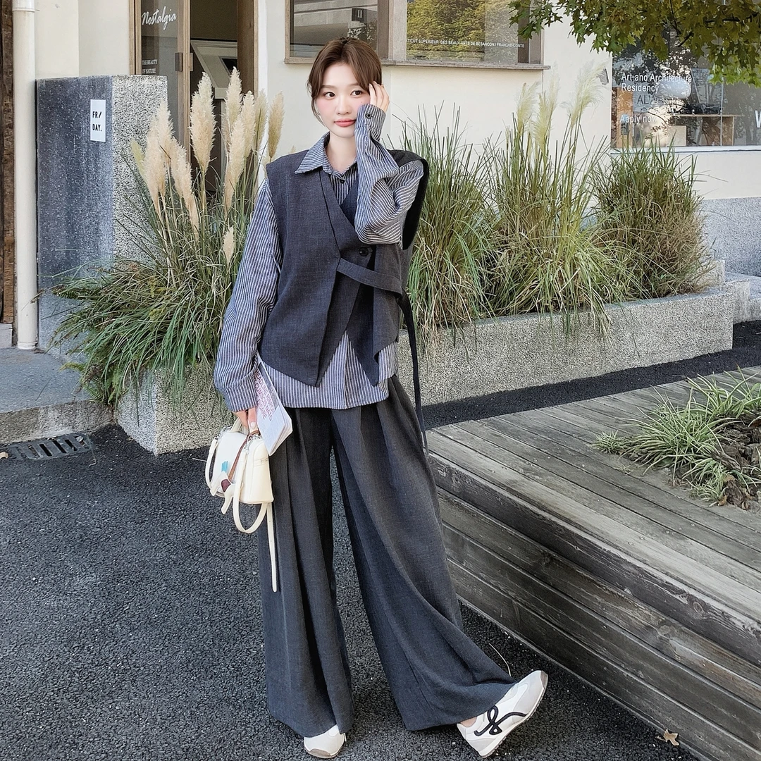 老钱风套装裤网红时尚炸街新款女装秋不规则马甲衬衫阔腿裤三件套