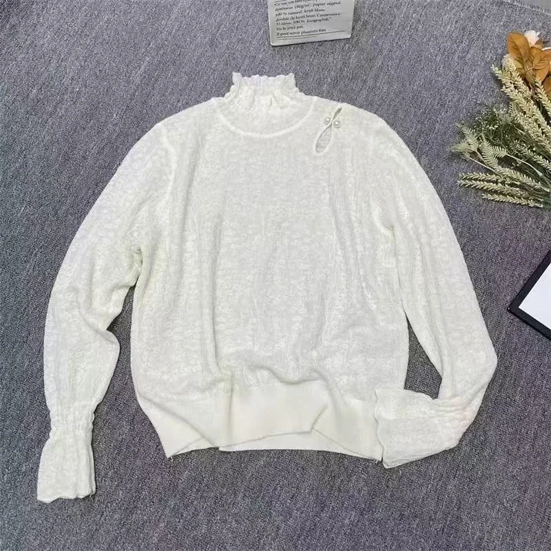 【露肩珍珠扣】秋冬新款内搭打底衫蕾丝半高领针织长袖上衣女-878