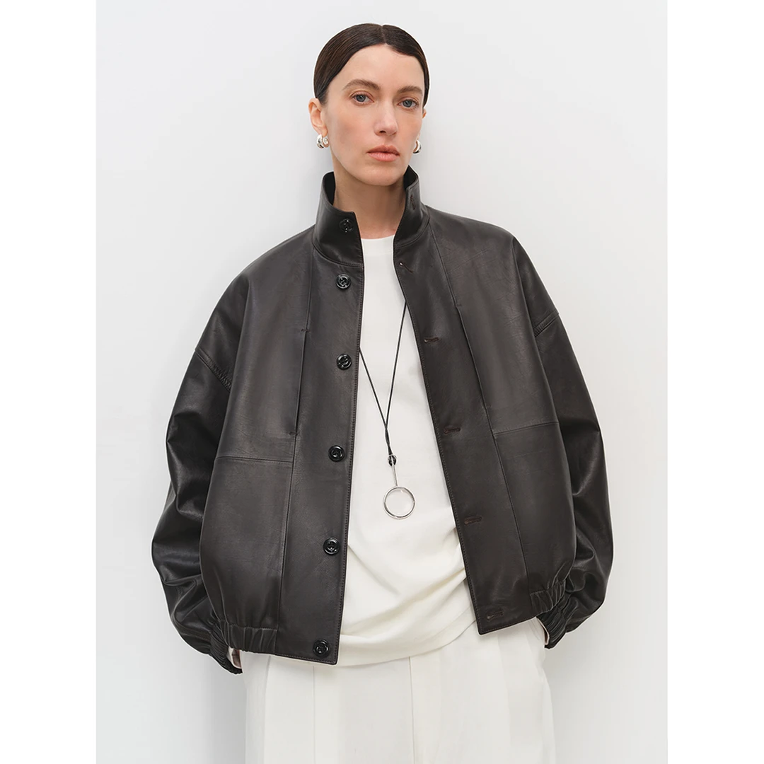 MSBEAST新西兰轻柔无涂皱感胎牛皮立领落肩廓形皮夹克外套丨C位秀