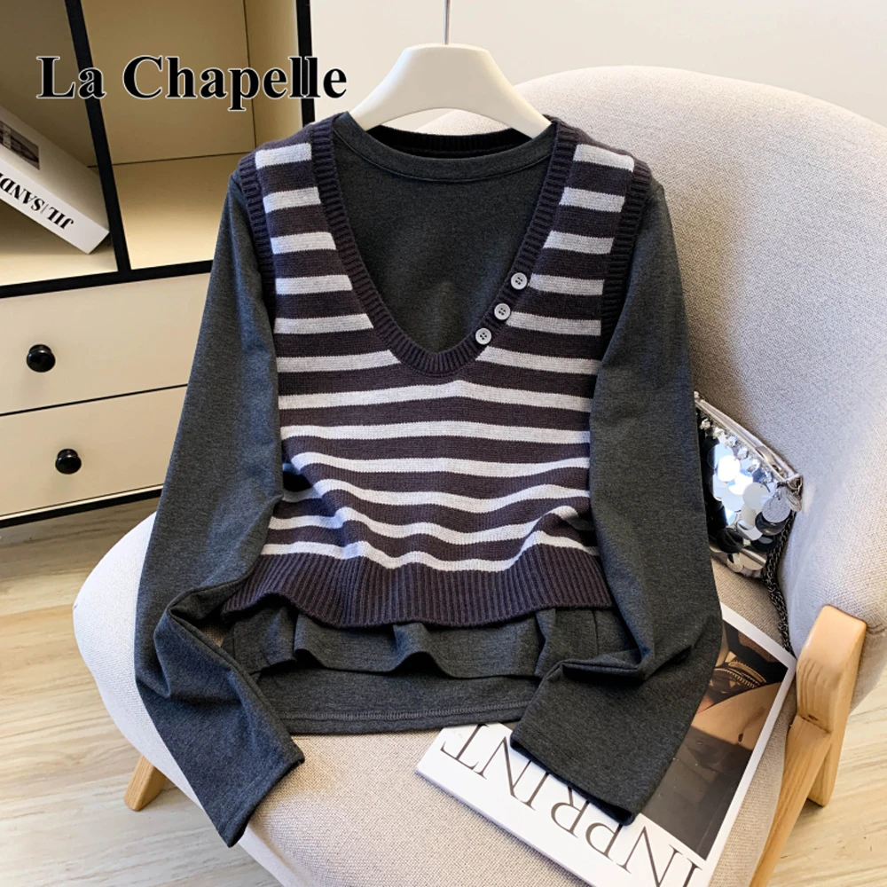 拉夏贝尔秋冬撞色条纹背心拼接长袖针织衫女复古假两件打底毛衣