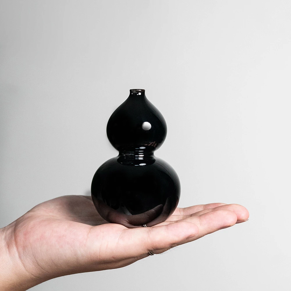 本土斋青瓷墨钰乌金釉手工葫芦把玩件黑色支钉烧葫芦茶具周边配件