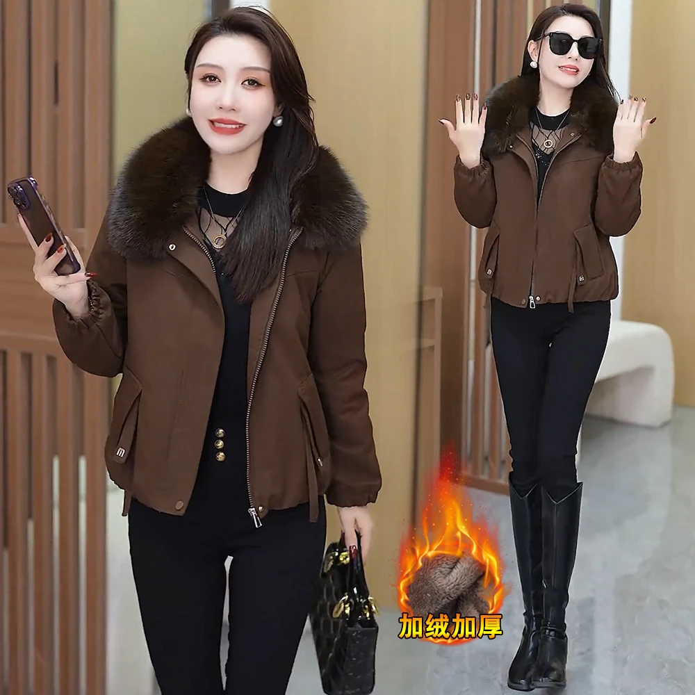 时尚加绒加厚派克服棉衣女2025冬季新款洋气毛领夹克保暖棉服外套