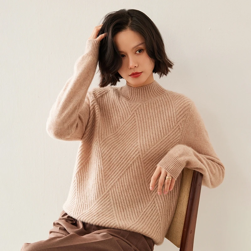 加厚半高领大菱形女士羊绒衫  AYR-824