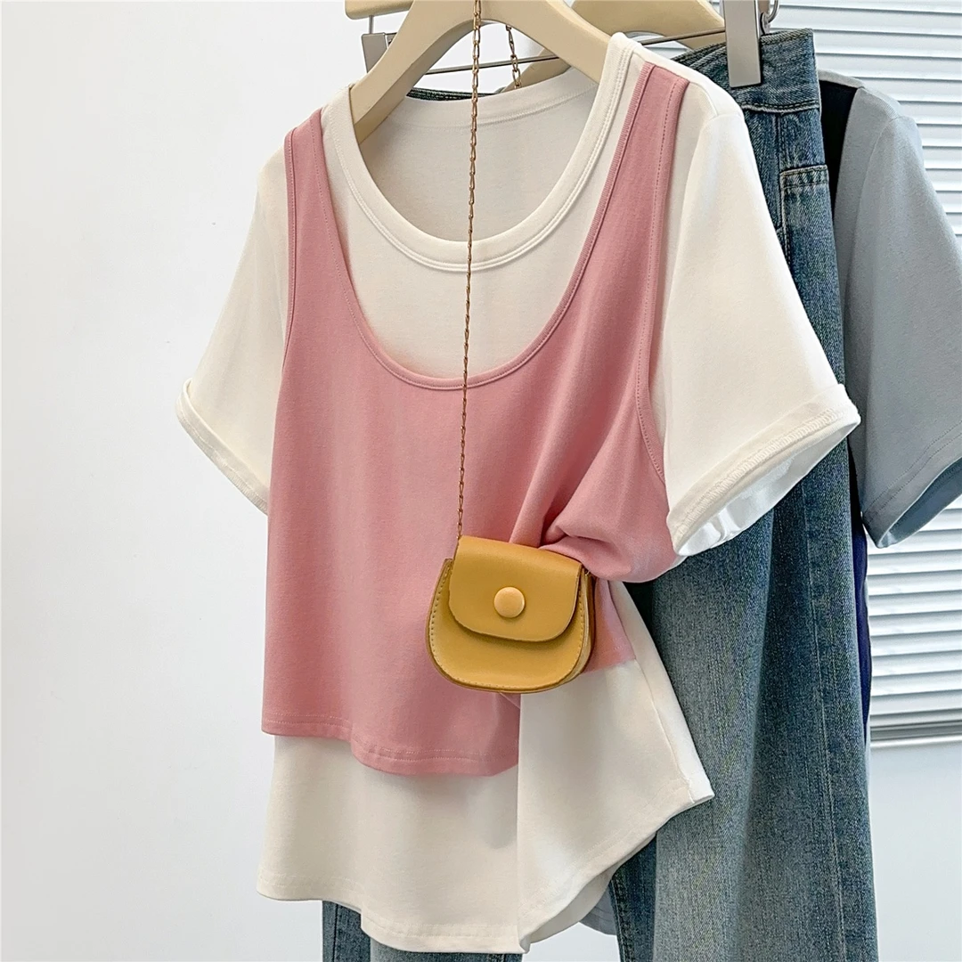 撞色拼接假两件短袖正肩t恤女夏寄大码微胖mm宽松显瘦遮肚子上衣