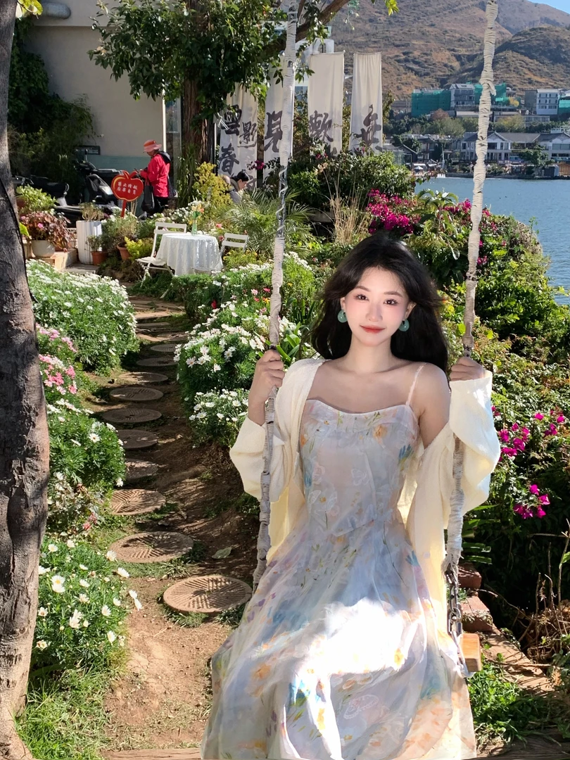 安安崽小个子穿搭【海屿岸边】印花吊带裙女连衣裙温柔气质显瘦裙子