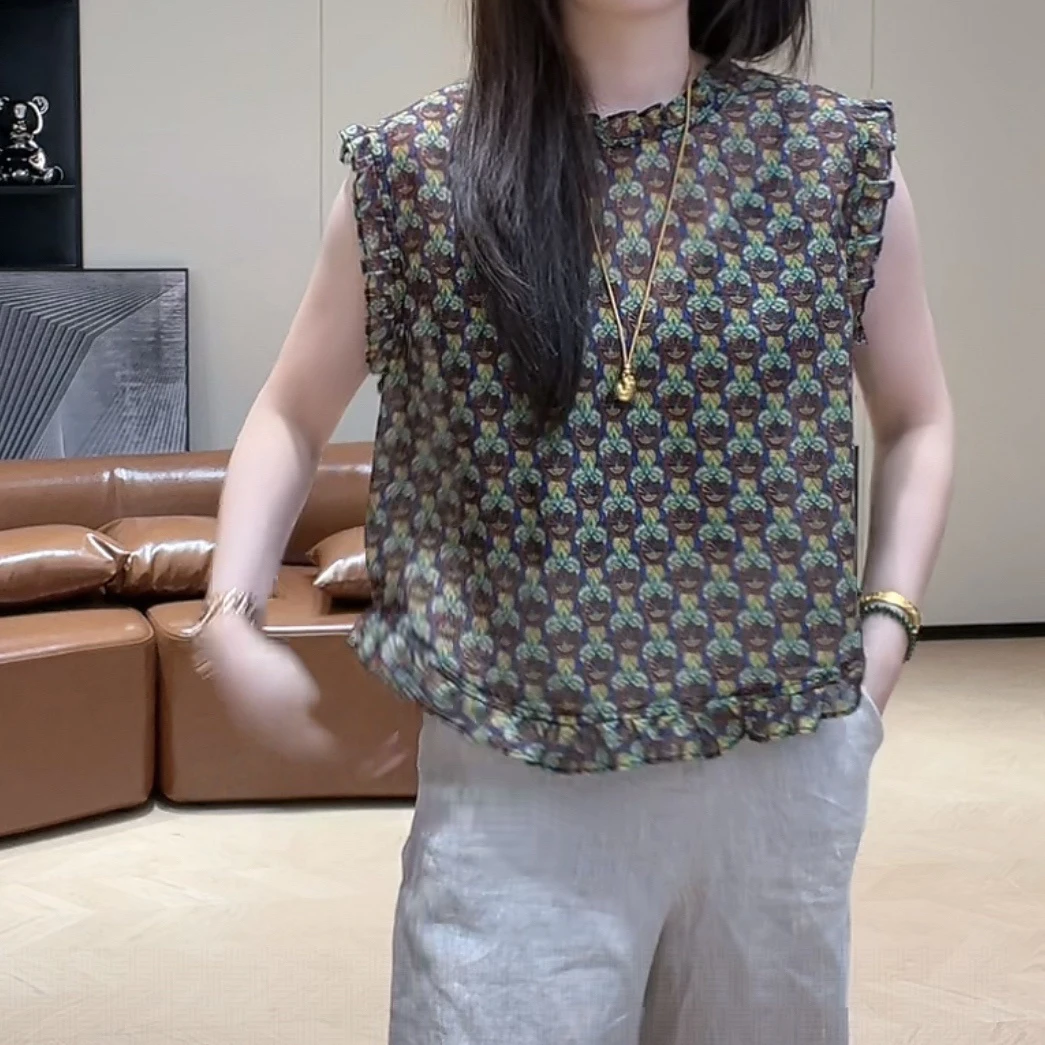 复古碎花木耳边无袖上衣2025夏季新款女士百搭通勤显瘦洋气上衣