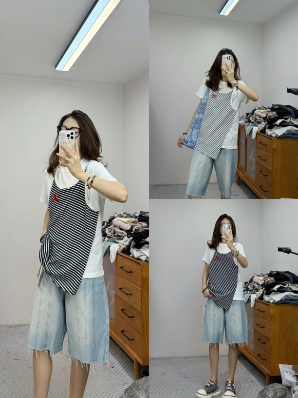 Amily全收版假两件T恤复古不规则风格