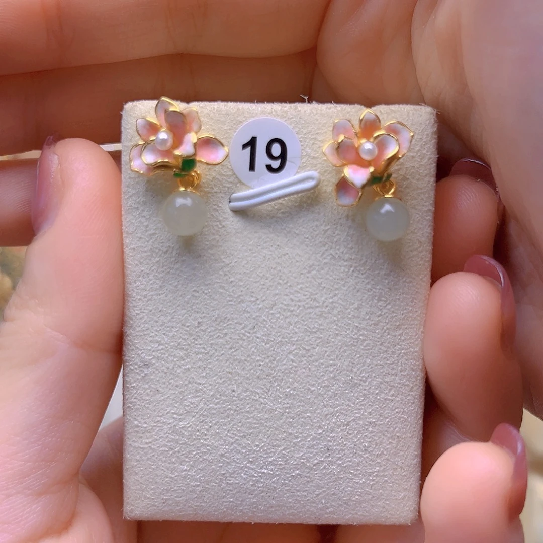 和田玉银S925镀金镶嵌耳饰